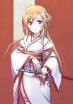  adapted_costume asuna_(sao) braid bridal_gauntlets brown_eyes brown_hair cowboy_shot french_braid highres holding japanese_clothes kimono light_brown_hair light_smile long_hair long_sleeves looking_at_viewer pemu solo sword sword_art_online weapon wide_sleeves 
