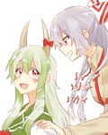  :d blush bow collared_shirt dress ex-keine fujiwara_no_mokou green_hair hair_bow hand_on_another's_shoulder horn_bow horns kamishirasawa_keine large_bow long_hair open_mouth pants red_eyes shirt silver_hair six_(fnrptal1010) smile suspenders touhou 