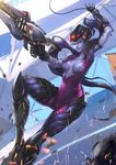  bodysuit breasts cable center_opening gun head_mounted_display long_hair mashi2311 medium_breasts overwatch pink_bodysuit ponytail purple_hair purple_skin rifle sniper_rifle solo very_long_hair visor weapon widowmaker_(overwatch) yellow_eyes 