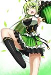  :d alice360 armpits black_footwear boots breasts cleavage detached_sleeves elsword fighting_stance flower green_eyes green_hair green_skirt green_sleeves hair_flower hair_ornament highres knee_boots large_breasts long_hair open_mouth rena_(elsword) skirt smile solo wind_sneaker_(elsword) 