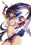  1girl arm_up blue_eyes breasts fingerless_gloves floating_hair from_side gloves highres holding ikkitousen kan&#039;u_unchou kan'u_unchou long_hair low-tied_long_hair navel no_bra polearm purple_hair short_sleeves simple_background solo tan torn_clothes underboob very_long_hair weapon white_background 