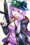  :d blush camouflage_hat coat commando_(movie) e.o. gun h&amp;k_mp5 h&amp;k_mp5sd heckler_&amp;_koch highres hood long_hair looking_at_viewer open_mouth parody purple_eyes purple_hair smile solo submachine_gun suppressor vocaloid voiceroid weapon yuzuki_yukari 