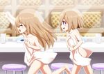  :d ^_^ basket bath blue_eyes brown_hair closed_eyes covering from_side indoors long_hair mizunashi_(second_run) multiple_girls neptune_(series) nude_cover open_mouth profile ram_(choujigen_game_neptune) rom_(choujigen_game_neptune) running short_hair siblings sisters smile stool towel twins 
