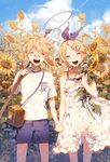  1girl bad_id bad_twitter_id bandaid bandaid_on_nose blonde_hair blue_sky brother_and_sister butterfly_net closed_eyes cloud day dress field flower flower_field hair_ornament hair_ribbon hairband hairclip hand_net holding holding_flower holding_hands insect_cage interlocked_fingers kagamine_len kagamine_rin open_mouth ribbon round_teeth ser323 shorts siblings sky smile sunflower teeth twins vocaloid white_dress 