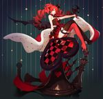  alice_in_wonderland ask_(askzy) bare_arms bare_shoulders breasts brown_dress brown_legwear cape chess_piece crossed_legs crown detached_collar dress drill_hair gloves high_heels leg_garter long_hair looking_at_viewer medium_breasts pumps queen_of_hearts red_eyes red_gloves red_hair red_legwear solo strapless strapless_dress thighhighs thighs twin_drills very_long_hair 