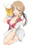  ;d alcohol beer beer_mug bikini blonde_hair blush breasts cleavage collarbone cup drink froth green_eyes hair_ribbon hand_on_leg hayashi_kewi holding holding_cup kantai_collection large_breasts one_eye_closed open_clothes open_mouth prinz_eugen_(kantai_collection) red_bikini ribbon simple_background sitting smile solo swimsuit twintails white_background yokozuwari 