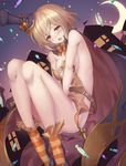 bare_shoulders blonde_hair blush breasts brown_eyes candy cape cosplay crescent_moon detached_collar djeeta_(granblue_fantasy) ferry_(granblue_fantasy) ferry_(granblue_fantasy)_(cosplay) food granblue_fantasy halloween halloween_costume hat highres legs looking_at_viewer medium_breasts moon open_mouth oukawa_yuu short_hair solo star striped striped_legwear 