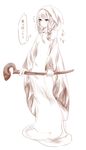  breasts didi_amen final_fantasy final_fantasy_tactics flying_sweatdrops highres hood hoodie long_hair monochrome simple_background sketch small_breasts solo staff translation_request white_background white_mage white_mage_(fft) 
