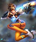  bodysuit brown_hair dual_wielding firing goggles gun handgun holding jacket kutanyun lips orange_bodysuit overwatch pistol shoes short_hair spiked_hair tracer_(overwatch) weapon 