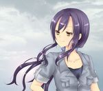  aoko_(rncm) bow cloud cloudy_sky collarbone commentary_request narcissu overalls ponytail purple_hair shinohara_himeko sky solo upper_body yellow_eyes 