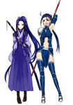  arm_behind_back armor armpits assassin_(fate/stay_night) blue_eyes blue_hair blush bow contrapposto earrings fate/stay_night fate_(series) full_body gae_bolg genderswap genderswap_(mtf) hair_bow highres japanese_clothes jewelry kamehima katana lancer long_hair long_skirt monohoshizao multiple_girls navel ootachi open_mouth pelvic_curtain pleated_skirt polearm ponytail red_eyes sheath sheathed skirt smile spear standing sword tareme thighhighs tsurime very_long_hair weapon white_background 