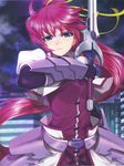  armor armored_dress blue_eyes gauntlets hair_ribbon highres holding holding_sword holding_weapon long_hair looking_at_viewer lyrical_nanoha mahou_shoujo_lyrical_nanoha mahou_shoujo_lyrical_nanoha_a's mikazuki_akira! night outdoors ponytail purple_hair ribbon signum solo sword weapon yellow_ribbon 