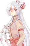  bow breasts from_side frown fujiwara_no_mokou hair_bow highres long_hair looking_at_viewer pants red_eyes silver_hair six_(fnrptal1010) small_breasts solo suspenders touhou tsurime very_long_hair 