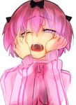  1girl blue_eyes bow breasts commentary_request crying hair_bow hibari_(senran_kagura) jacket large_breasts looking_at_viewer one_eye_closed open_mouth pink_hair rasiem saliva saliva_trail senran_kagura senran_kagura_shoujo-tachi_no_shin'ei short_hair short_twintails sobbing solo symbol-shaped_pupils tears track_jacket twintails 