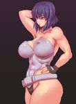  arm_up bare_shoulders belt black_background breasts covered_nipples fingerless_gloves ghost_in_the_shell gloves groin hand_on_hip highres huge_breasts kusanagi_motoko lips purple_eyes purple_hair short_hair simple_background solo thick_thighs thighs toned ueno_petarou 