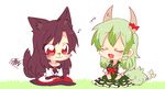  2girls :3 :d animal_ears bare_shoulders blush bow brooch brown_hair chibi collarbone dress eighth_note ex-keine fang furry grass green_hair horn_bow horn_ribbon horns imaizumi_kagerou jewelry kamishirasawa_keine multiple_girls musical_note open_mouth red_eyes ribbon six_(fnrptal1010) smile squiggle tail touhou u_u wolf_ears wolf_tail 