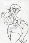  2015 anthro big_breasts bra breasts cleavage clothed clothing cowboy_hat equine female hat horse king-cheetah mammal monochrome my_little_pony pigtails pony shorts sketch solo underwear wide_hips 