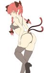  ass back blush bow bra braid cat_tail flat_color grey_legwear hair_bow hair_ornament high_heels highres kaenbyou_rin long_hair looking_at_viewer looking_back mokumokuren_(atariya_kyoushitsu) multiple_tails nekomata no_animal_ears one_eye_closed panties pointy_ears red_eyes red_hair simple_background solo tail thighhighs thong touhou twin_braids underwear underwear_only white_background 