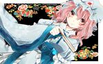  blush breasts hat japanese_clothes medium_breasts pink_eyes pink_hair ribbon saigyouji_yuyuko short_hair sketch smile solo suzune_hapinesu touhou triangular_headpiece wallpaper 