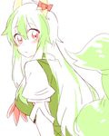  blush bow breasts dress ex-keine from_behind frown green_hair horn_bow horns kamishirasawa_keine large_breasts long_hair looking_at_viewer red_eyes six_(fnrptal1010) solo surprised tail touhou very_long_hair wide-eyed 