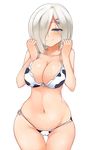  animal_print bad_id bad_pixiv_id bikini blue_eyes breast_squeeze breasts cleavage cow_print hair_ornament hair_over_one_eye hairclip hamakaze_(kantai_collection) kantai_collection large_breasts navel seductive_smile smile solo swimsuit thigh_gap white_hair wide_hips yostxxx 