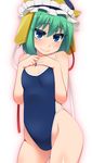  blue_eyes body_blush collarbone commentary_request competition_school_swimsuit competition_swimsuit green_hair hat hat_ribbon hayashi_custom highres looking_at_viewer lovestruck one-piece_swimsuit playing_with_own_hair ribbon shiki_eiki smile solo swimsuit touhou 