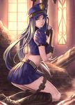  banned_artist blue_eyes blue_hair blue_skirt boots caitlyn_(league_of_legends) highres holding holding_weapon kneeling league_of_legends long_hair officer_caitlyn pleated_skirt ruins skirt solo weapon window yazuwo 