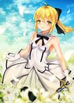  ahoge armpits artoria_pendragon_(all) bad_id bad_pixiv_id bare_arms black_legwear blonde_hair blue_sky blush bow bowtie breasts cleavage_cutout cloud day dress fate/grand_order fate/stay_night fate/unlimited_codes fate_(series) field flower flower_field gloves green_eyes hair_bow highres holding holding_sword holding_weapon lily_(flower) lily_petals outdoors pantyhose ponytail puririn saber saber_lily short_hair sidelocks sky small_breasts smile solo sword weapon white_dress white_gloves 
