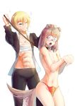  1girl ;) abs animal_ears bangs black_jacket black_pants blonde_hair blue_eyes blush breasts brown_hair bulge cleavage collar cyzir_visheen dog_collar dog_ears dog_tail dogboy erection erection_under_clothes femdom gakuran glasses green_eyes hand_on_another's_head height_difference hetero highres jacket leash long_hair long_sleeves looking_at_another looking_at_viewer medium_breasts navel nipples one_eye_closed open_clothes open_jacket open_mouth original otoko_no_ko panties pants paw_pose pet_play petting puffy_nipples red_panties reverse_trap rimless_eyewear round_eyewear sarashi school_uniform shirtless short_hair simple_background smile sparkle tail tail_wagging tongue tongue_out underwear underwear_only white_background 
