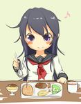  akatsuki_(kantai_collection) anchor_symbol blush_stickers cup eighth_note flag food ito_(itokayu) kantai_collection long_hair musical_note neckerchief no_hat no_headwear okosama_lunch pudding purple_eyes purple_hair red_neckwear school_uniform serafuku shrimp shrimp_tempura smile solo spoon tempura tray 