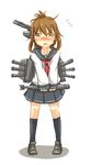  blush brown_eyes brown_hair commentary_request flying_sweatdrops folded_ponytail inazuma_(kantai_collection) ito_(itokayu) kantai_collection kneehighs looking_at_viewer neckerchief open_mouth school_uniform serafuku skirt solo torpedo turret white_background 