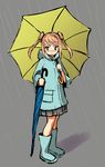  :&lt; blue_footwear blush boots closed_mouth closed_umbrella coat double_bun full_body grey_background highres holding holding_umbrella kantai_collection karashi_(tou_gara_shi) light_brown_hair long_sleeves looking_to_the_side michishio_(kantai_collection) open_mouth pleated_skirt rain raincoat rubber_boots short_twintails simple_background skirt solo triangle_mouth twintails umbrella v-shaped_eyebrows yellow_eyes 