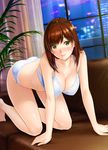  all_fours barefoot blush bra breasts brown_hair collarbone couch green_eyes highres indoors large_breasts long_hair nayuta69 original panties smile solo underwear underwear_only window 