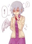  bow coat covering_mouth dress hand_over_own_mouth kishin_sagume red_eyes short_hair silver_hair single_wing six_(fnrptal1010) solo thinking touhou translated trembling wings 
