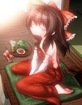  alternate_costume bad_id bad_pixiv_id bare_shoulders brown_hair closed_eyes colored_eyelashes commentary_request cushion detached_sleeves hair_ribbon hair_tubes hakurei_reimu highres naked_overalls overalls pouty_lips ribbon shimizu_pem sitting solo strap_slip tatami touhou v_arms wariza wooden_floor 