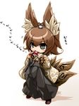  animal animal_ear_fluff animal_ears animal_on_head bangs bird bird_on_head biting blush blush_stickers borrowed_character brown_hair chibi commentary_request crab fox_ears fox_girl fox_tail full_body gradient gradient_background grey_eyes hair_between_eyes hakama holding japanese_clothes karukan_(monjya) legs_apart long_sleeves looking_at_viewer mouth_hold multiple_tails on_head original shiny shiny_hair short_hair simple_background slit_pupils solo sound_effects sparrow standing tail text_focus translation_request white_background wide_sleeves 