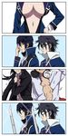  4boys 4koma adjusting_eyewear awashima_seri black_hair breasts comic fushimi_saruhiko gaijin_4koma glasses gyess963 hand_on_hip k_(anime) large_breasts multiple_boys munakata_reishi navel short_hair sword torn_clothes uniform weapon yata_misaki yatogami_kurou 