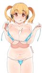  between_breasts bikini blonde_hair blush breasts cameltoe cleavage food headphones heart heart-shaped_pupils huge_breasts licking_lips looking_at_viewer navel nitroplus orange_eyes popsicle rkrk short_hair smile solo super_pochaco swimsuit symbol-shaped_pupils tongue tongue_out twintails 