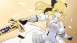  ahoge armor armpits artoria_pendragon_(all) bad_id bad_pixiv_id black_bow blonde_hair blown_petals bow breastplate dress dutch_angle excalibur fate/stay_night fate/unlimited_codes fate_(series) gauntlets green_eyes hair_bow highres holding holding_sword holding_weapon looking_to_the_side orange_background petals ponytail roah_congrazica saber saber_lily solo sword weapon 