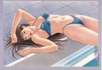  bangs bikini blue_bikini brown_eyes brown_hair character_request dear_boys earrings highres jewelry long_hair looking_at_viewer lying navel on_back open_mouth pool realistic solo swimsuit yagami_hiroki 