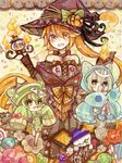  akikazekinoko bare_shoulders bow candy candy_cane chandelure chibi food gen_5_pokemon green_hair halloween happy_halloween hat hat_bow hat_ribbon jack-o'-lantern litwick multiple_girls open_mouth orange_hair pokemon pokemon_(creature) reuniclus ribbon short_hair staff witch_hat wrapped_candy 