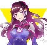  :3 black_hair bodysuit breasts brown_eyes d.va_(overwatch) eyebrows lips long_hair looking_at_viewer medium_breasts overwatch smile solo usagihime whisker_markings 