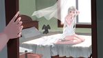  absurdres adjusting_hair antenna_hair bangs bare_shoulders barefoot bed bedroom blue_ribbon brown_eyes clothes_removed curtains dress dress_removed dressing glass_table grey_eyes hair_ribbon hand_in_hair hands heart highres indoors kamachi_kamachi-ko kasugano_sora long_hair long_legs looking_at_another mouth_hold on_bed out_of_frame panties panties_removed pillow pov pov_hands ribbon shade silver_hair sitting sketch sleeveless solo_focus strap_slip stuffed_animal stuffed_bunny stuffed_toy table transparent underwear white_dress white_panties wind window yosuga_no_sora 