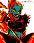  big_breasts breasts chibimu clothed clothing female simple_background skimpy smile solo underfell undertale undyne undyne_(underfell) video_games weapon white_background 