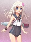  blue_eyes cosplay crop_top flower hair_flower hair_ornament kantai_collection long_hair md5_mismatch one-piece_swimsuit open_mouth rizuriri ro-500_(kantai_collection) ro-500_(kantai_collection)_(cosplay) sailor_collar school_swimsuit silver_hair standing swimsuit swimsuit_under_clothes u-511_(kantai_collection) 