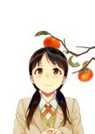  blazer blush branch brown_eyes brown_hair food food_on_head fruit fruit_on_head hands_together jacket leaf low_twintails object_on_head original persimmon sasamori_tomoe school_uniform smile solo twintails 