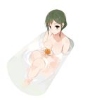  3: bathing breasts chikurin_(sasamori_tomoe) food fruit green_eyes green_hair holding holding_food holding_fruit lowres mandarin_orange medium_breasts nude oppai_mochi original partially_submerged sasamori_tomoe solo 