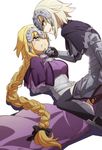  armor blonde_hair blood blue_eyes braid capelet dark_persona dual_persona fate/apocrypha fate/grand_order fate_(series) gauntlets girl_on_top headwear injury jeanne_d'arc_(alter)_(fate) jeanne_d'arc_(fate) jeanne_d'arc_(fate)_(all) long_hair multiple_girls oiun short_hair simple_background single_braid thighhighs torn_clothes torn_legwear very_long_hair white_background yellow_eyes yuri zettai_ryouiki 