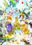  animal_ears anklet barefoot beach black_hair blush bracelet bunny_ears day flags_of_all_nations gold hair_ornament jewelry long_hair multiple_girls original palm_tree sarong skirt string_of_flags traditional_clothes tree water_gun white_hair yuki_usagi 