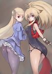  ass blush breasts capcom_fighting_jam gloves highres ingrid johan_(johan13) long_hair looking_at_viewer medium_breasts multiple_girls namco_x_capcom pantyhose ponytail red_eyes small_breasts thighs very_long_hair xiaomu 